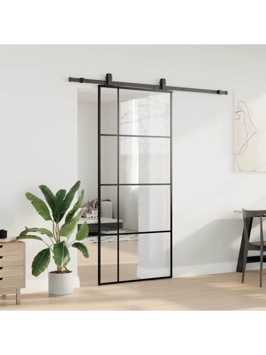 Bīdāmās durvis ar stiprinājumiem, melns, stikls, 90x205 cm
