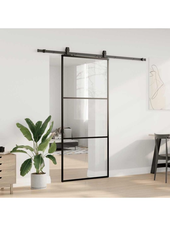 Bīdāmās durvis ar stiprinājumiem, melns, stikls, 90x205 cm