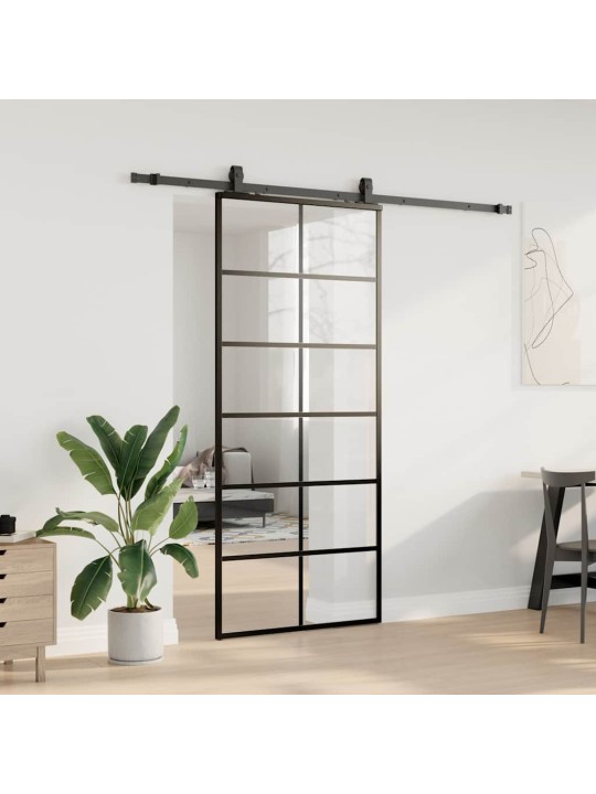 Bīdāmās durvis ar stiprinājumiem, melns, stikls, 90x205 cm