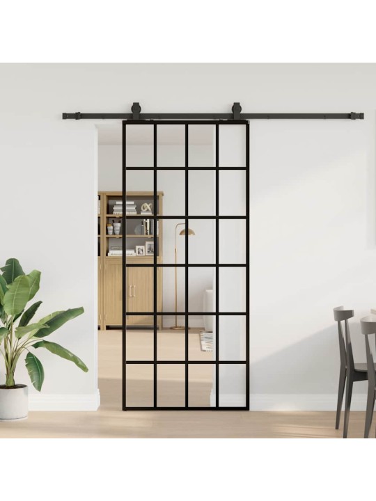 Bīdāmās durvis ar stiprinājumiem, melns, stikls, 90x205 cm