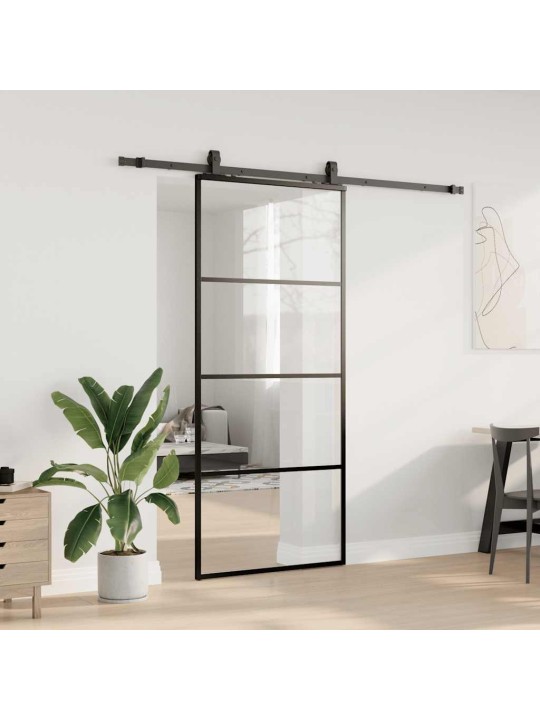 Bīdāmās durvis ar stiprinājumiem, melns, stikls, 90x205 cm