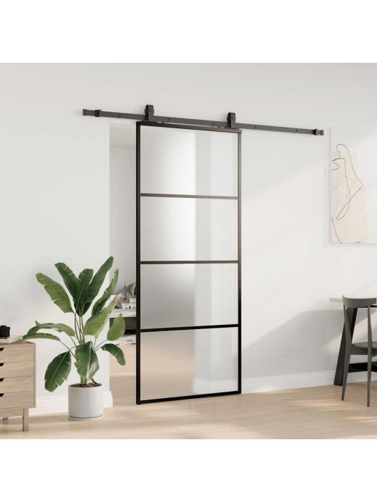 Bīdāmās durvis ar stiprinājumiem, melns, stikls, 90x205 cm