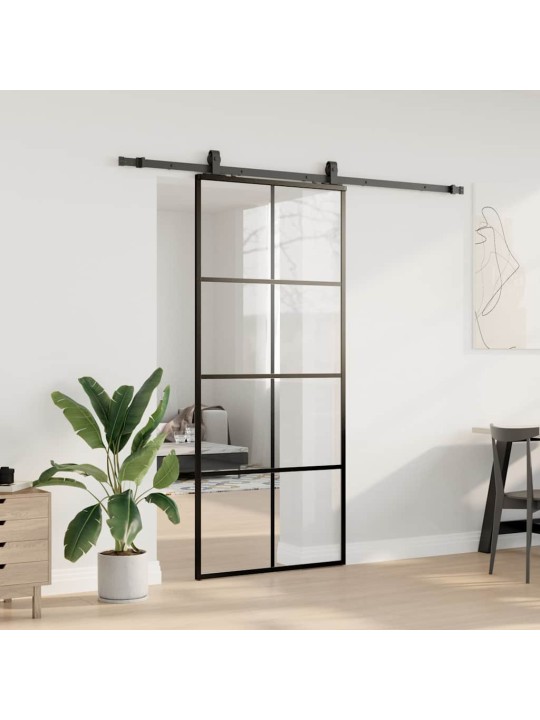 Bīdāmās durvis ar stiprinājumiem, melns, stikls, 90x205 cm