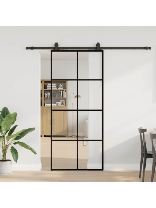 Bīdāmās durvis ar stiprinājumiem, melns, stikls, 90x205 cm