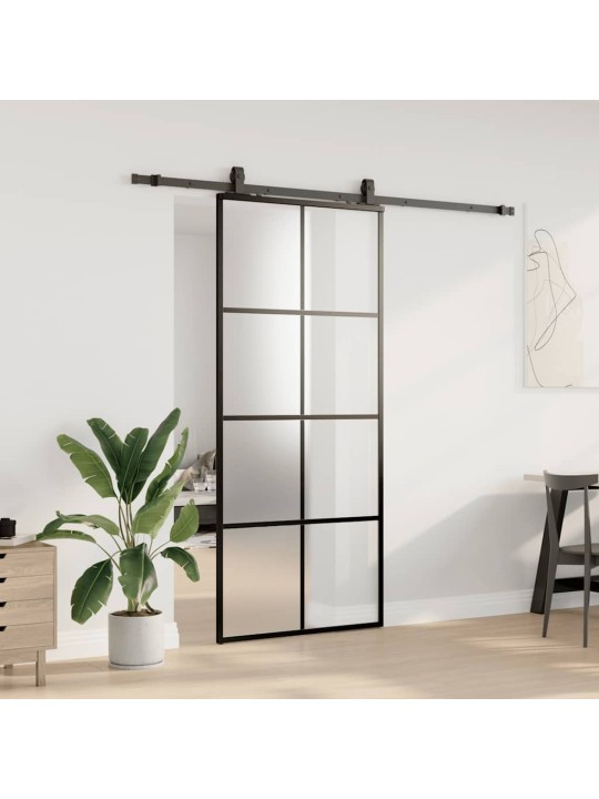 Bīdāmās durvis ar stiprinājumiem, melns, stikls, 90x205 cm