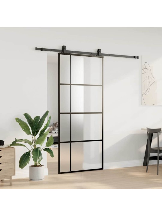 Bīdāmās durvis ar stiprinājumiem, melns, stikls, 90x205 cm