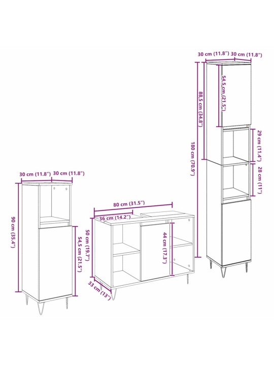 Vannas istabas mēbeļu komplekts ar durvīm 3 pcs artisānā ozols
