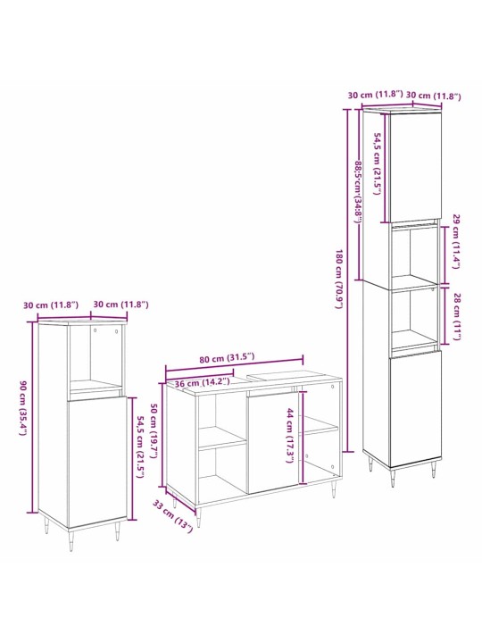 Vannasistabas mēbeļu komplekts 3 pcs vecs koks 30 x 30 x 180 cm