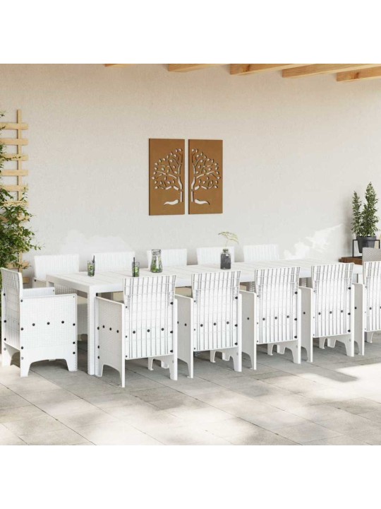 Dārza ēdamgalds 13 pcs balts poli rattan un kokvilna
