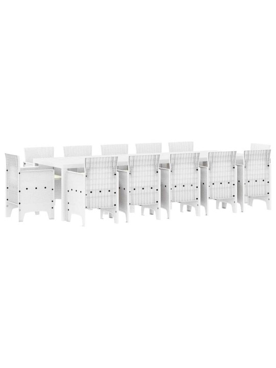 Dārza ēdamgalds 13 pcs balts poli rattan un kokvilna