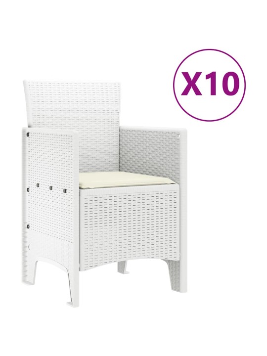 Dārza ēdamgalds ar spilvenu 11 pcs balts poli rattan un tērauds