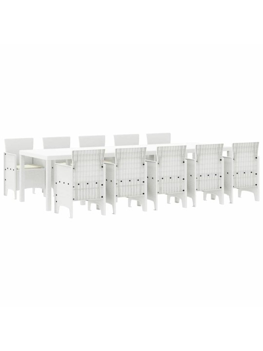Dārza ēdamgalds ar spilvenu 11 pcs balts poli rattan un tērauds