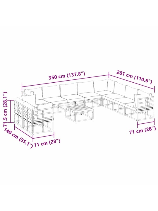 Dārza dīvānu komplekts ar spilvenu 11 pcs melna alumīnijs