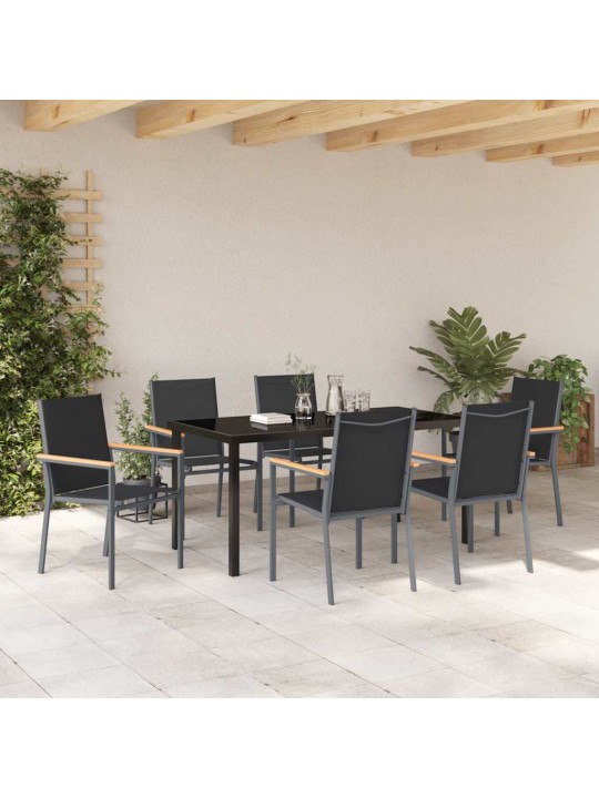 Dārza ēdamgalds 7 pcs melna textilene un tērauds