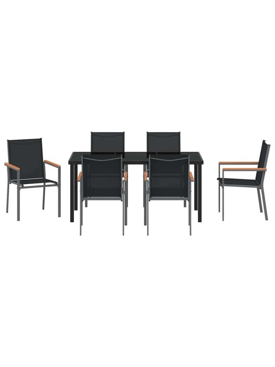 Dārza ēdamgalds 7 pcs melna textilene un tērauds