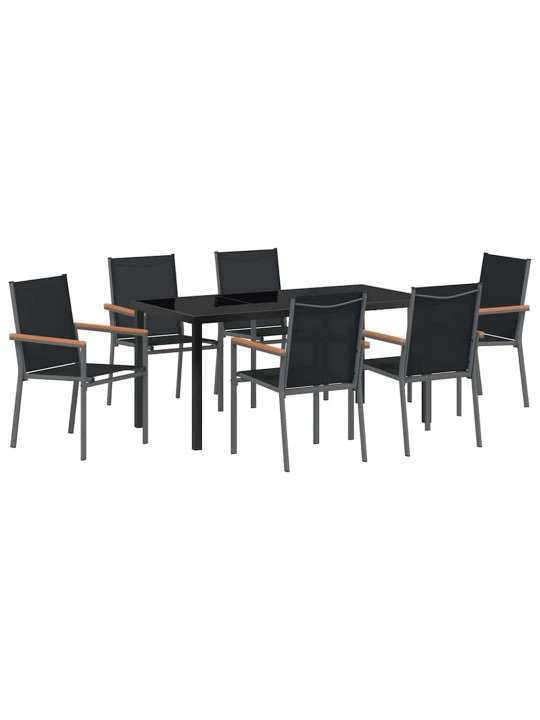 Dārza ēdamgalds 7 pcs melna textilene un tērauds