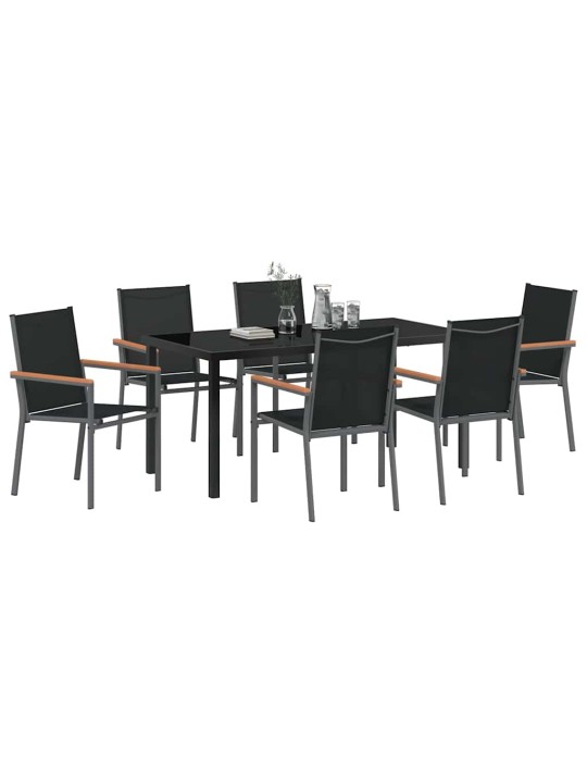Dārza ēdamgalds 7 pcs melna textilene un tērauds