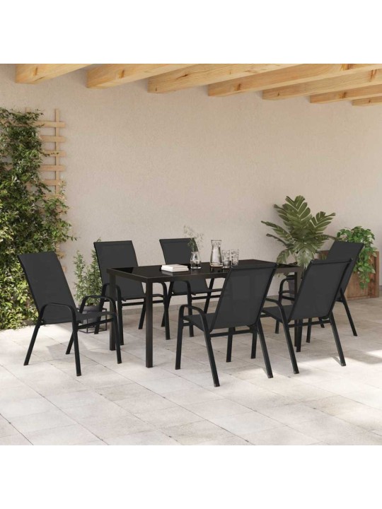 Dārza ēdamgalds 7 pcs melna textilene un tērauds
