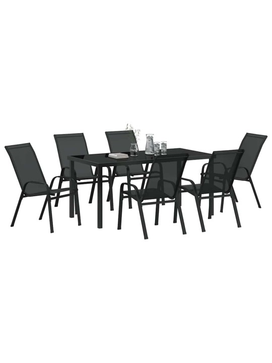 Dārza ēdamgalds 7 pcs melna textilene un tērauds