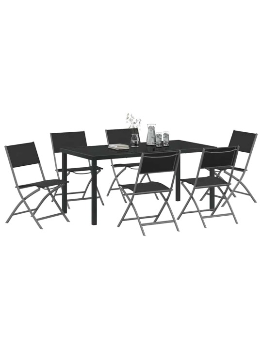 Dārza ēdamgalds saliekams 7 pcs melna textilene un tērauds