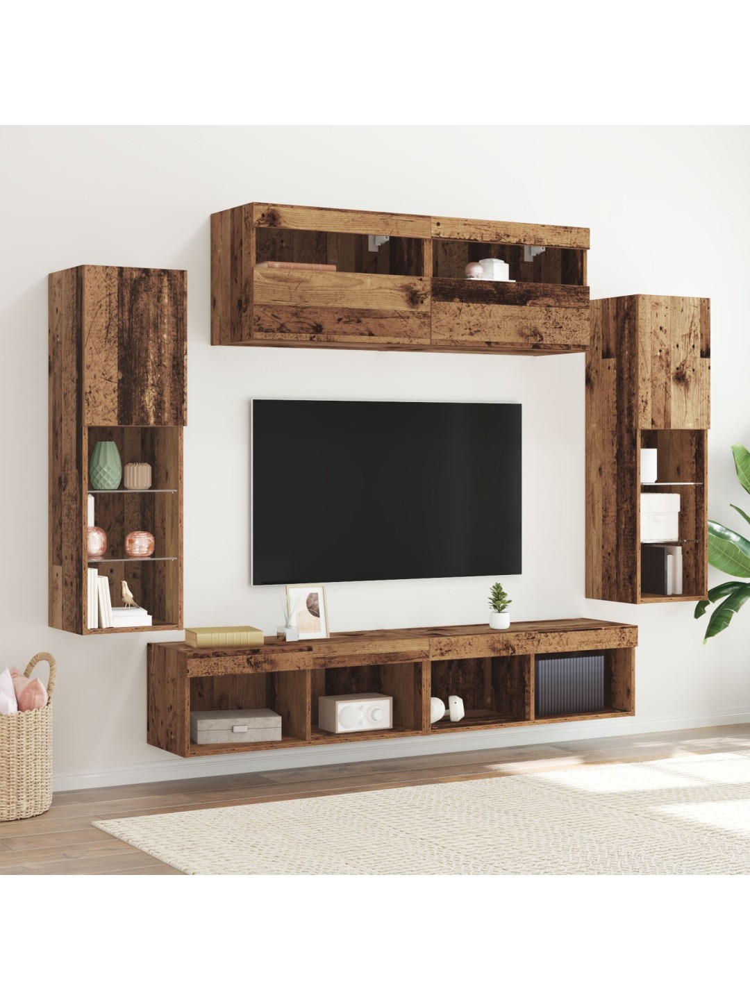 8 gabalu tv sienas vienības ar led vecā koka inženierijas koku