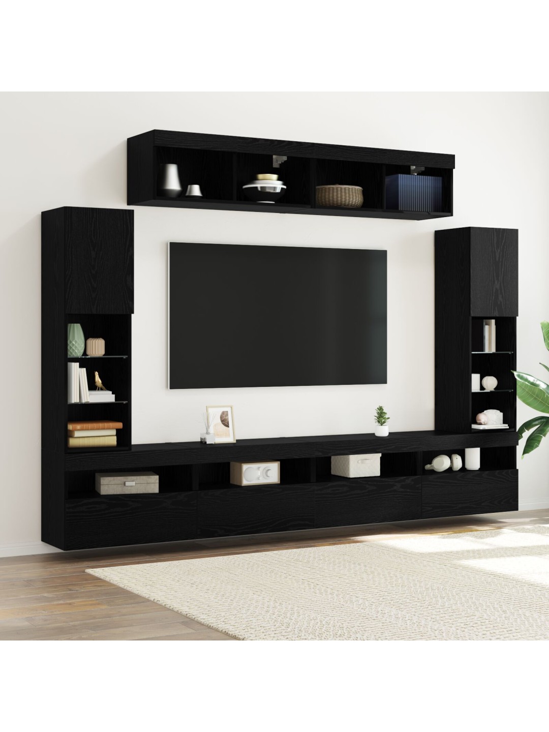 8 gabali tv sienas iekārta ar led melns ozols inženierijas koks