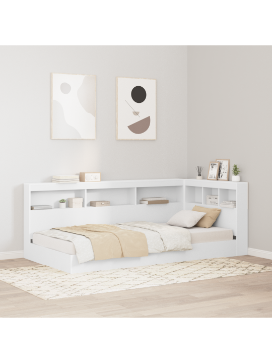 Grāmatu plauktu gulta baltā krāsā 75x190 cm no inženierijas koka