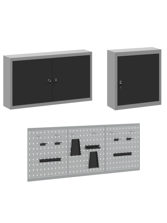 8 daļu darba skapja un pegboard komplekts, melns mdf un metāls