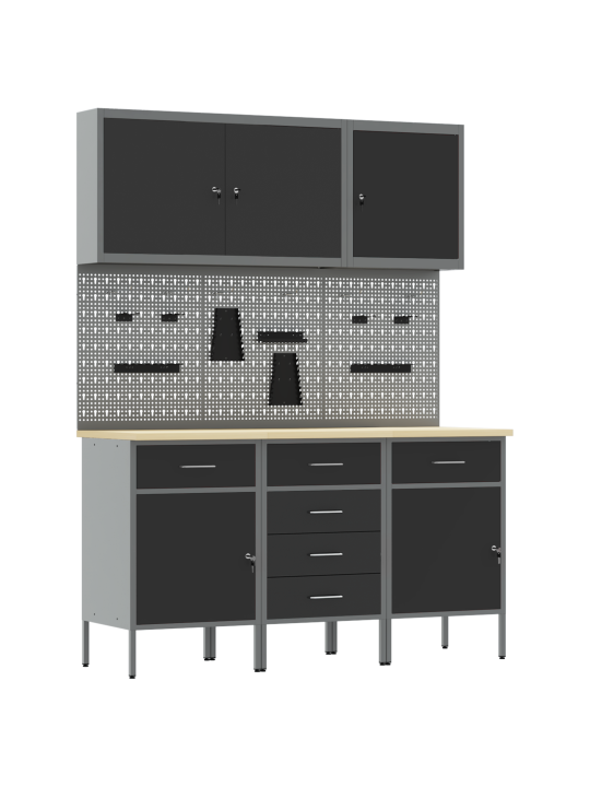 8 daļu darba skapja un pegboard komplekts, melns mdf un metāls