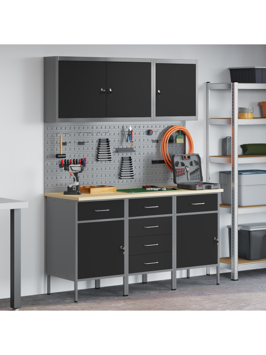 8 daļu darba skapja un pegboard komplekts, melns mdf un metāls