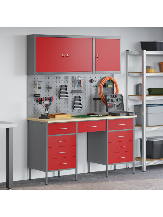 8 daļu darba skapja un pieņemšanas dēļa komplekts, sarkans mdf un metāls