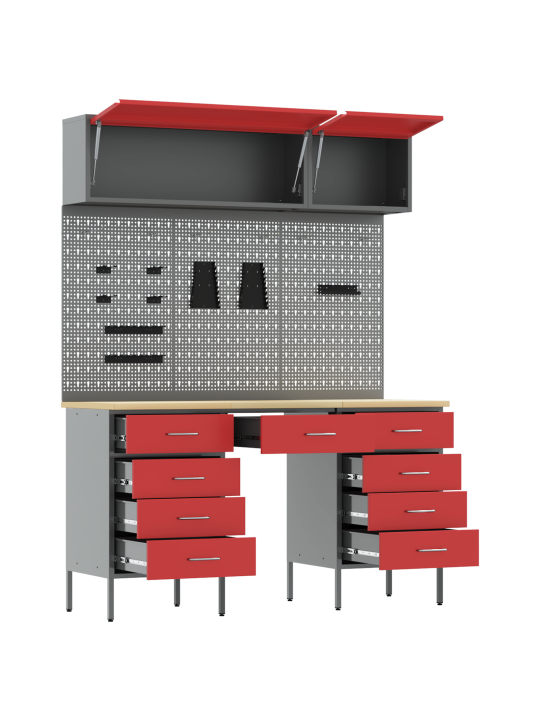 8 daļu darba skapja un pegboard komplekts sarkans mdf un metāls
