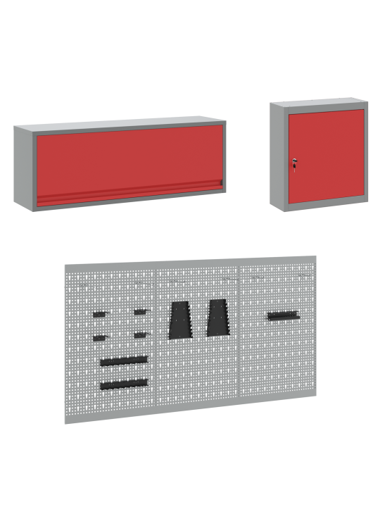 8 daļu darba skapja un pegboard komplekts sarkans mdf un metāls