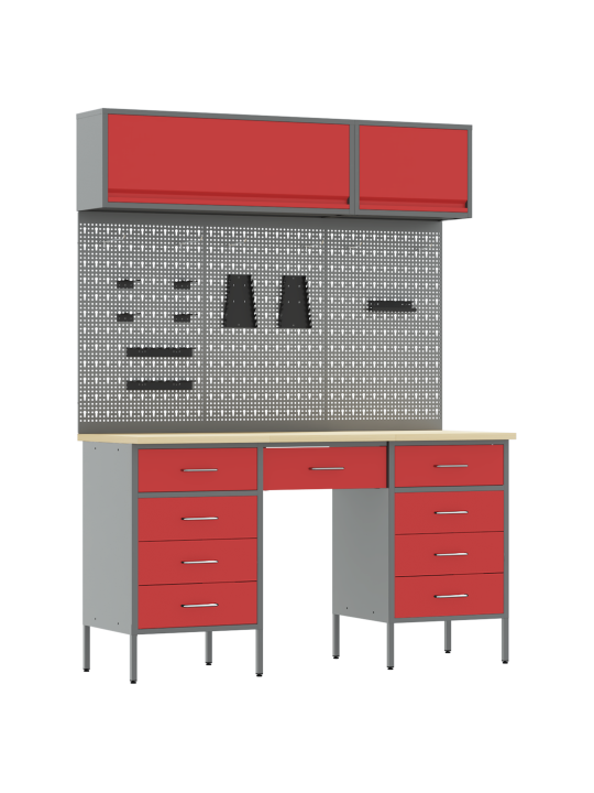 8 daļu darba skapja un pegboard komplekts sarkans mdf un metāls