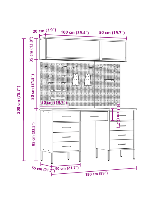 8 daļu darba skapja un pegboard komplekts sarkans mdf un metāls