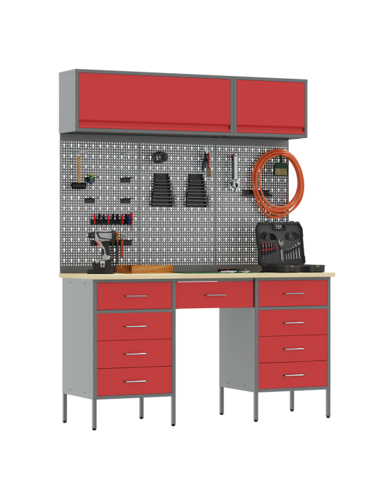 8 daļu darba skapja un pegboard komplekts sarkans mdf un metāls