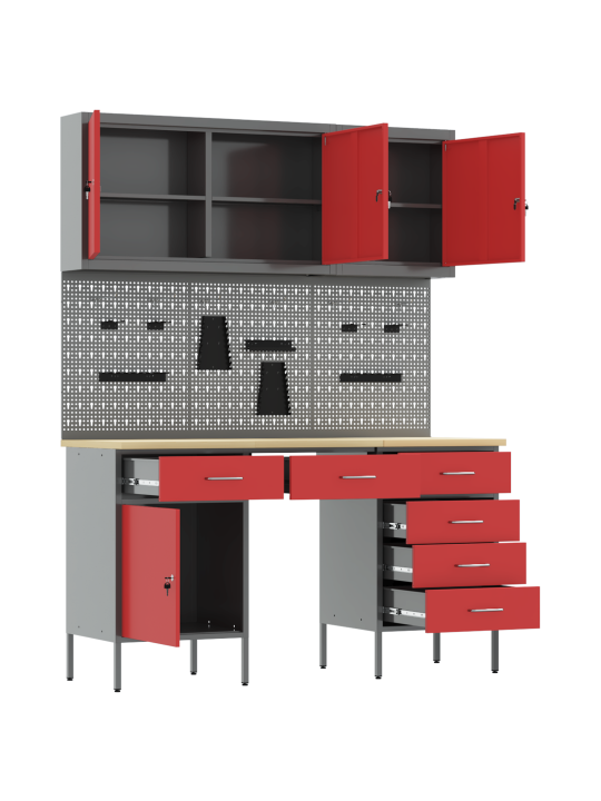 8 daļu darba skapju un piekaramā dēļa komplekts sarkans mdf un metāls
