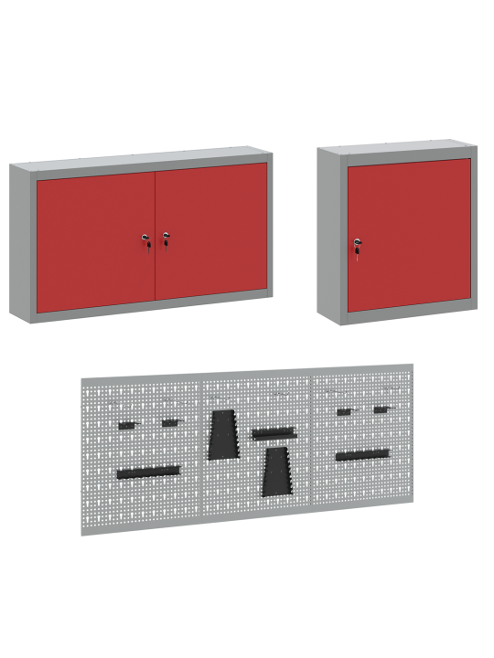 8 daļu darba skapju un piekaramā dēļa komplekts sarkans mdf un metāls