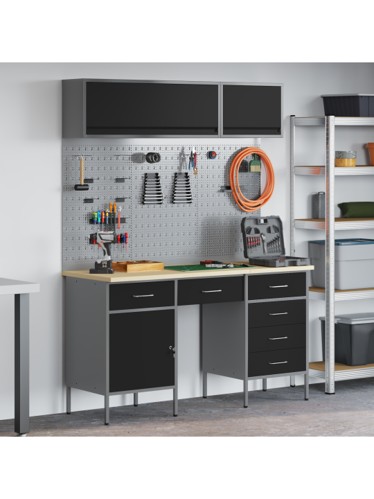 8 daļu darba skapja un āķa komplekts melnā mdf un metalā