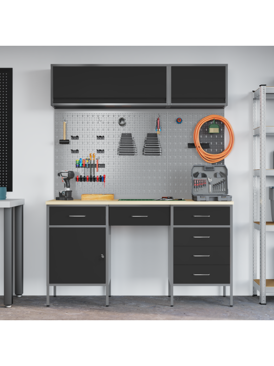8 daļu darba skapja un āķa komplekts melnā mdf un metalā