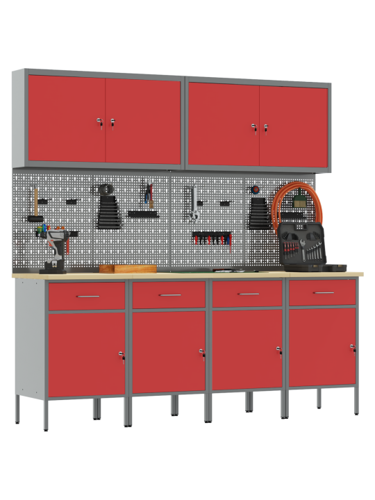 10 daļu darba skapja un pegboard komplekts sarkans mdf un metāls