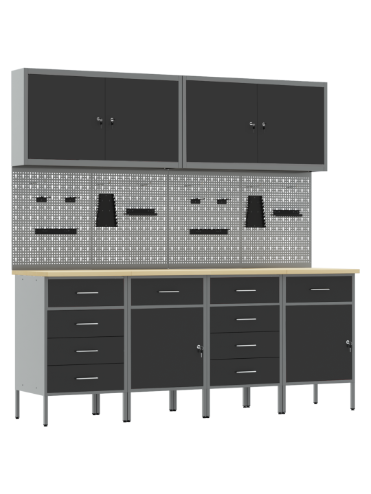 10 daļu darba skapja un pegboard komplekts, melns mdf un metāls