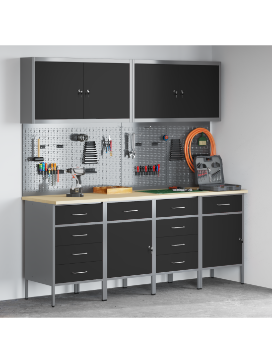 10 daļu darba skapja un pegboard komplekts, melns mdf un metāls