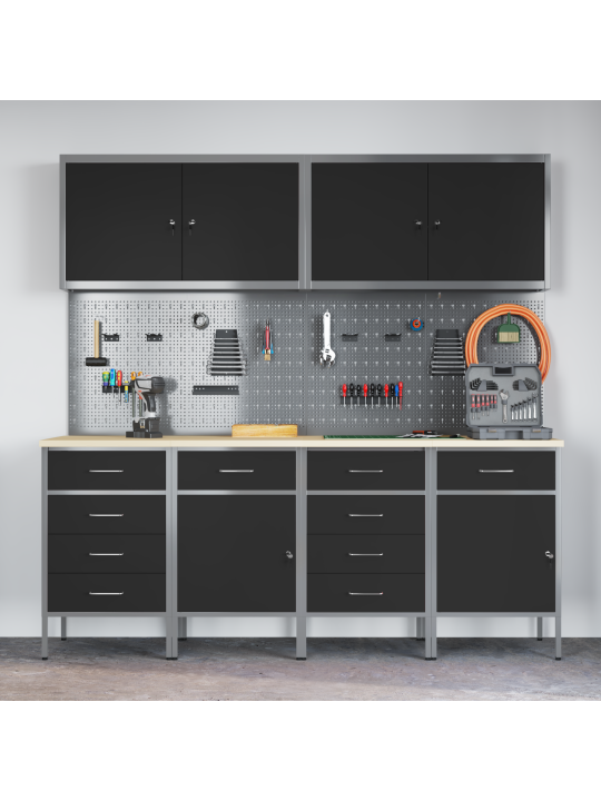 10 daļu darba skapja un pegboard komplekts, melns mdf un metāls