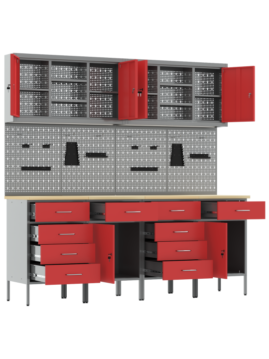 10 daļu darba skapīša un paneļa komplekts sarkans mdf un metāls