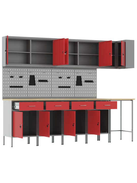 12 daļu darba skapīšu un naglu dēļa komplekts, sarkans mdf un metāls