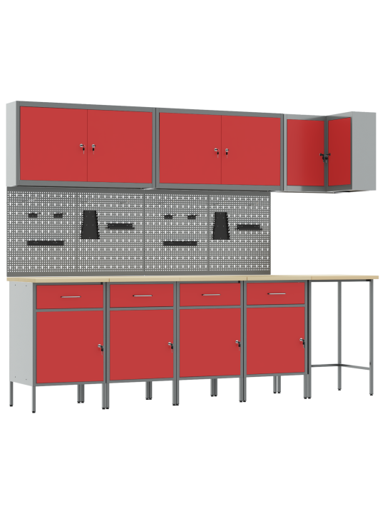 12 daļu darba skapīšu un naglu dēļa komplekts, sarkans mdf un metāls