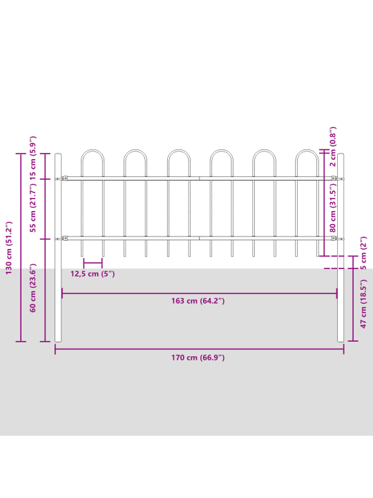 Dārza žogs ar cilpu augšējo daļu, balts, 3,4x0,8 m, tērauds