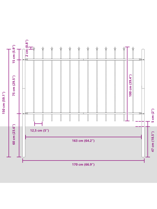 Dārza žogs ar lancetēm, balts, 6,8x1 m, tērauds