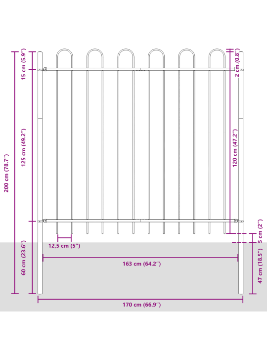 Dārza žogs ar cilpu augšpusi, pelēks, 13,6x1,5 m, tērauds